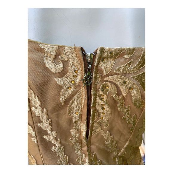 Gold Lace Mermaid Formal Dress Hand Tailored Ruffle Short Sleeve - Picture 7 of 12